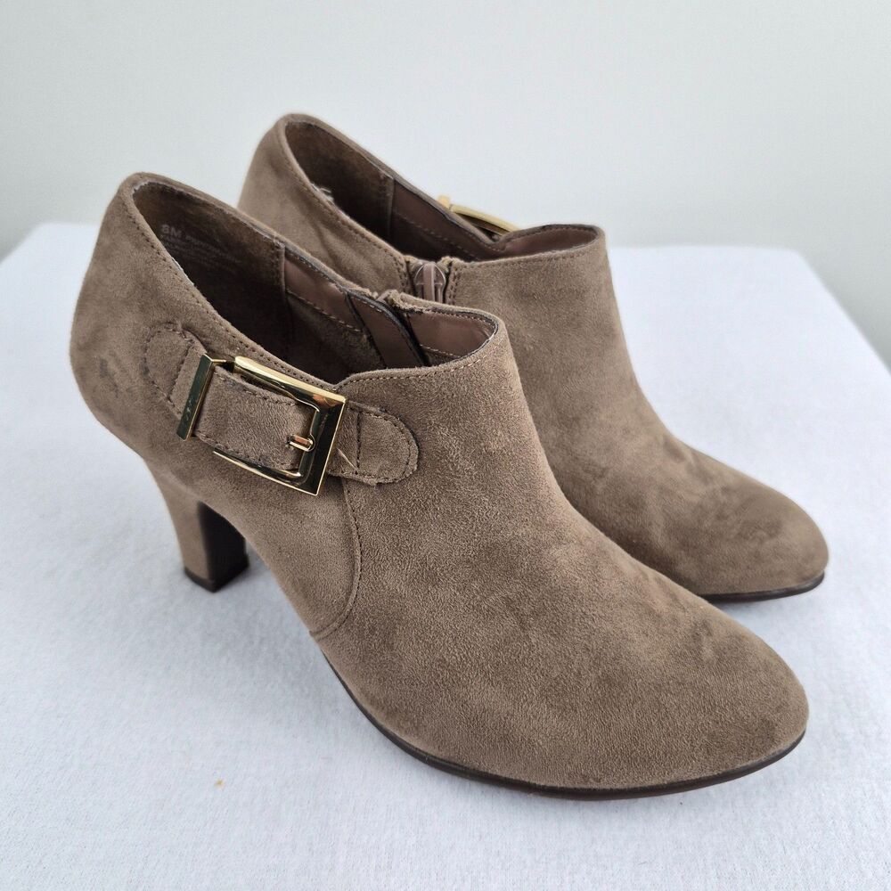 Aerosoles Paperwork Taupe Microsuede Booties Sz 8 Buckle AlmondToe Business Casu